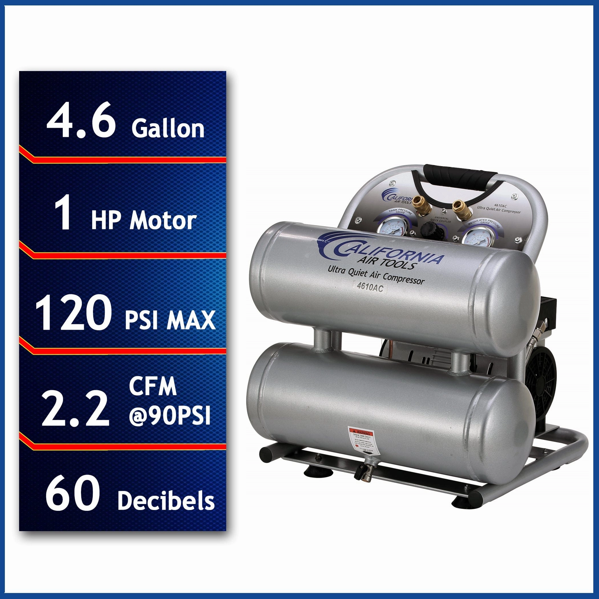 1HP 4.6 Gallon Oil-Free Twin Portable Aluminum Tank Air Compressor
