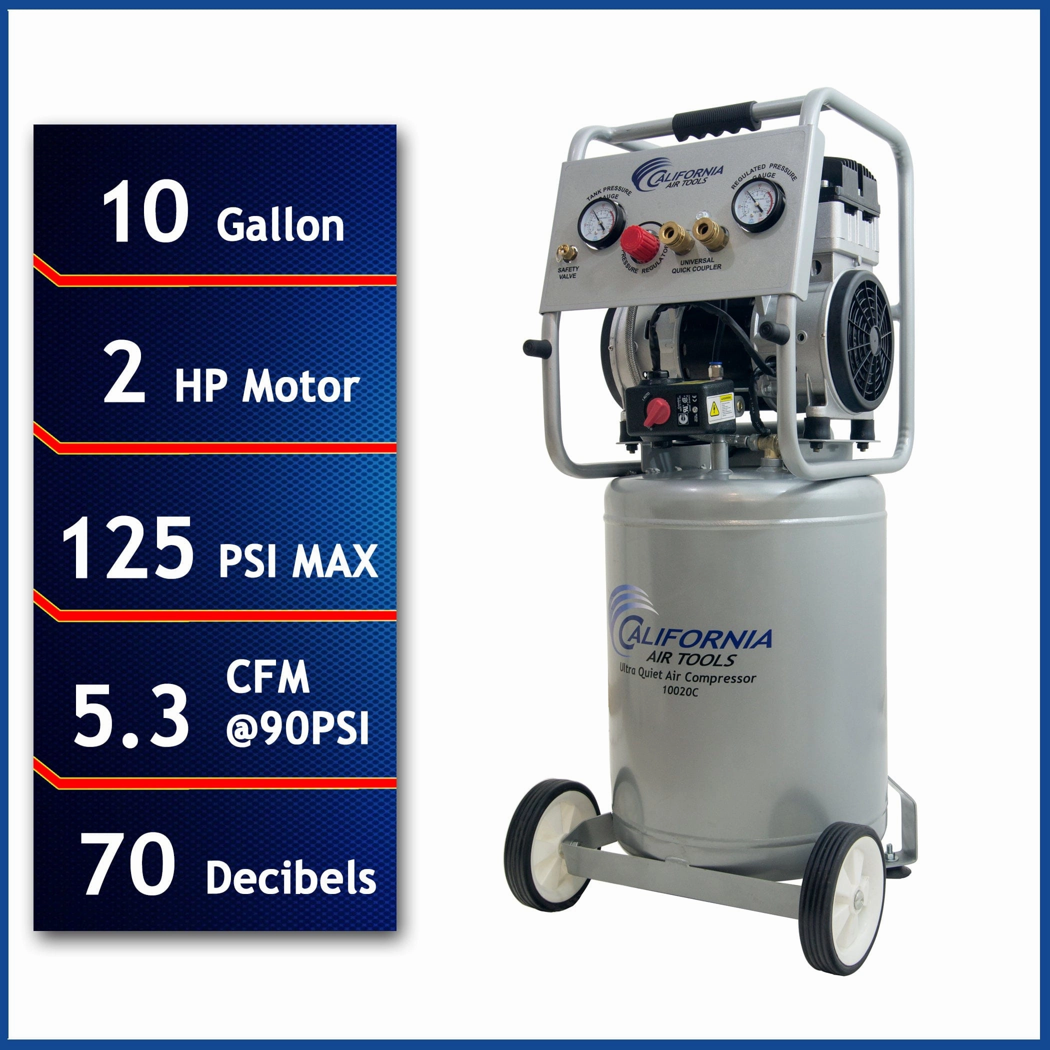 2HP 10 Gallon Oil-Free Steel Tank Air Compressor - Ultra Quiet