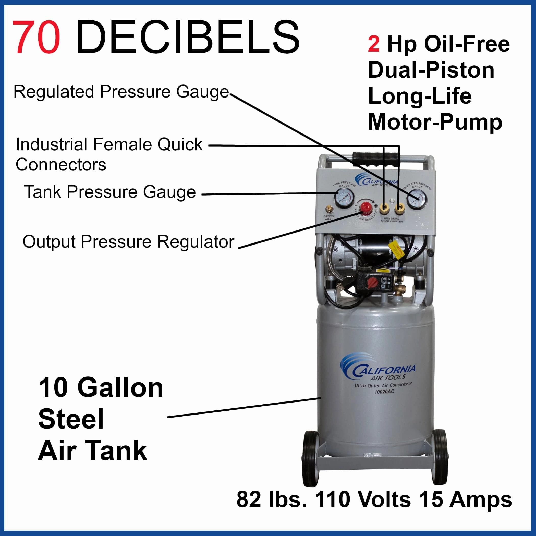 2HP 10 Gallon Oil-Free Steel Tank Air Compressor - Ultra Quiet