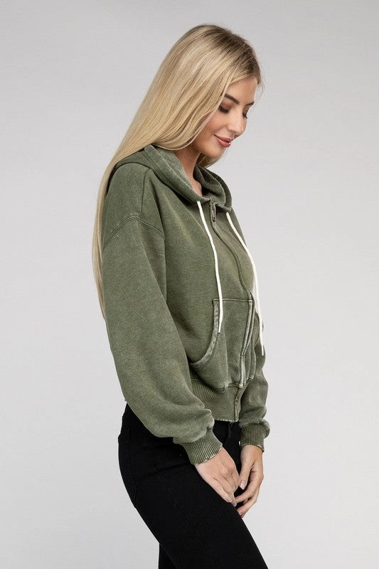 Acid Wash Fleece Cropped Zip-Up Hoodie by Zenana