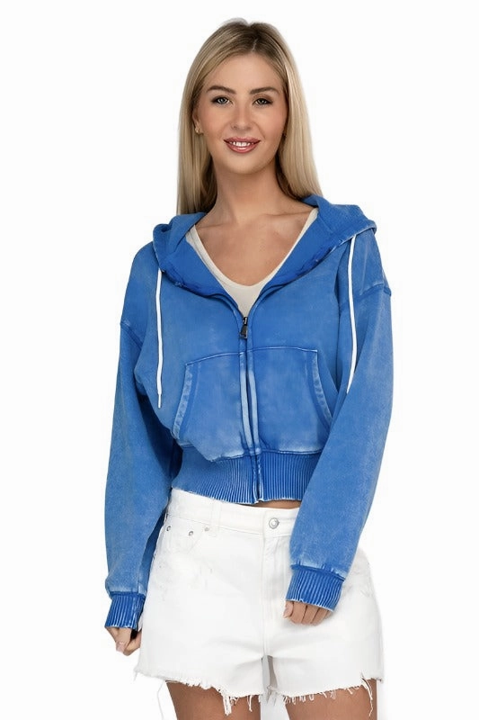 Acid Wash Fleece Cropped Zip-Up Hoodie by Zenana