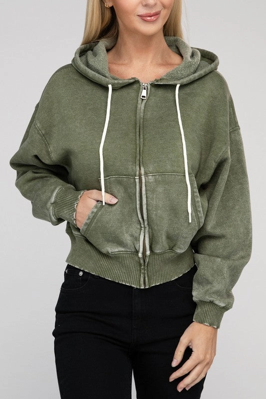 Acid Wash Fleece Cropped Zip-Up Hoodie by Zenana