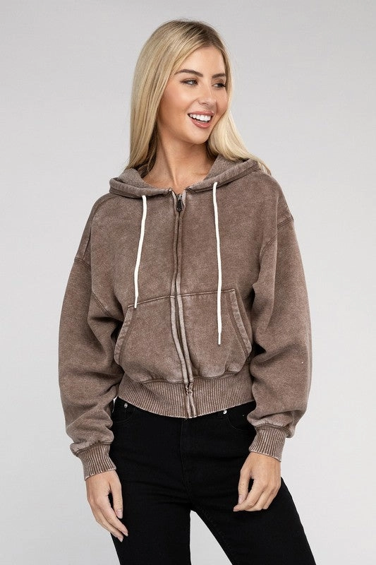 Acid Wash Fleece Cropped Zip-Up Hoodie by Zenana