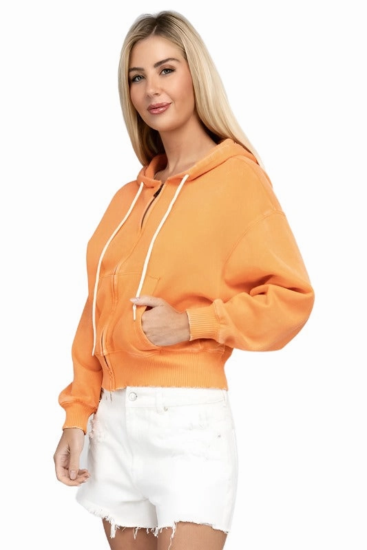 Acid Wash Fleece Cropped Zip-Up Hoodie by Zenana