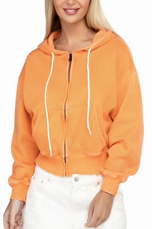 Acid Wash Fleece Cropped Zip-Up Hoodie by Zenana