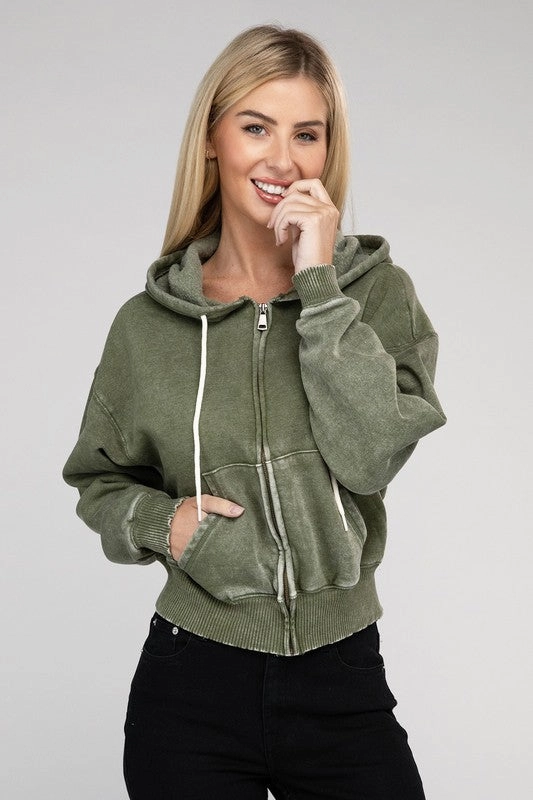 Acid Wash Fleece Cropped Zip-Up Hoodie by Zenana