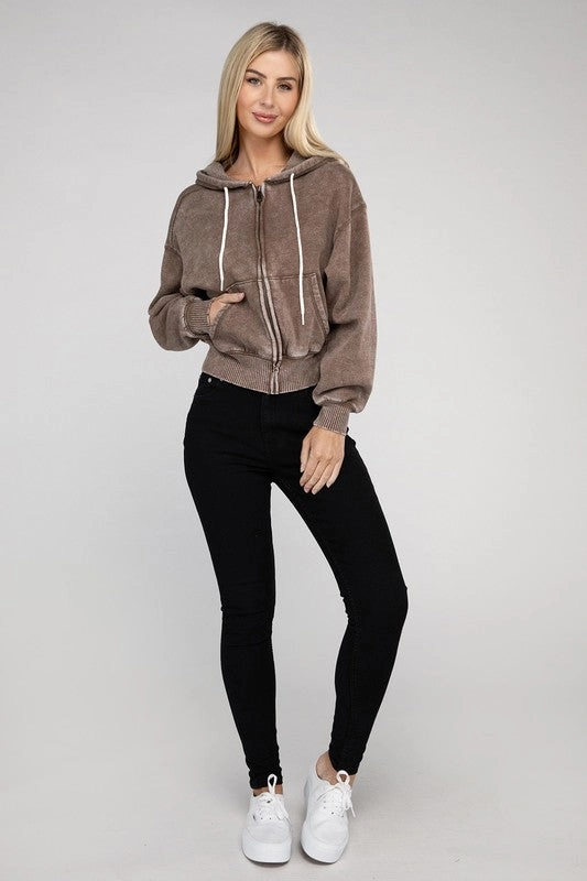 Acid Wash Fleece Cropped Zip-Up Hoodie by Zenana
