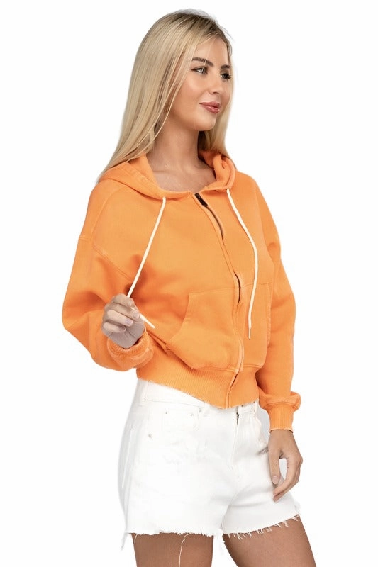 Acid Wash Fleece Cropped Zip-Up Hoodie by Zenana