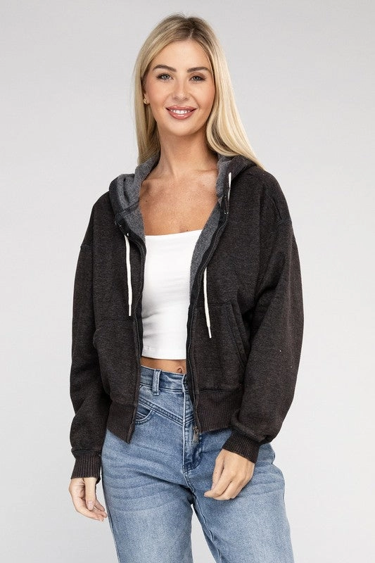 Acid Wash Fleece Cropped Zip-Up Hoodie by Zenana