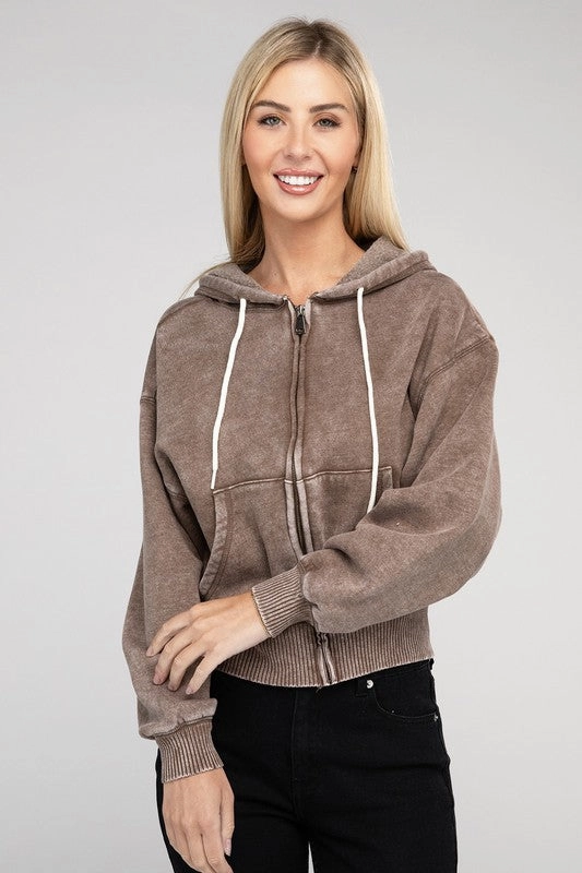 Acid Wash Fleece Cropped Zip-Up Hoodie by Zenana