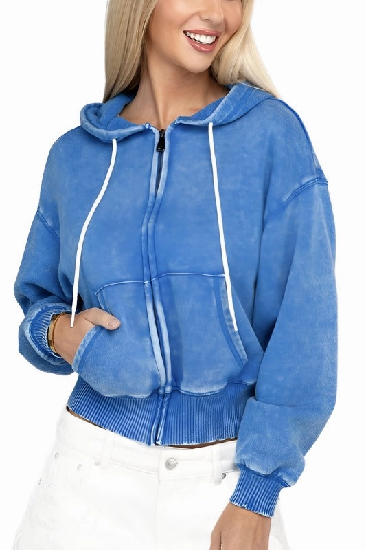 Acid Wash Fleece Cropped Zip-Up Hoodie by Zenana