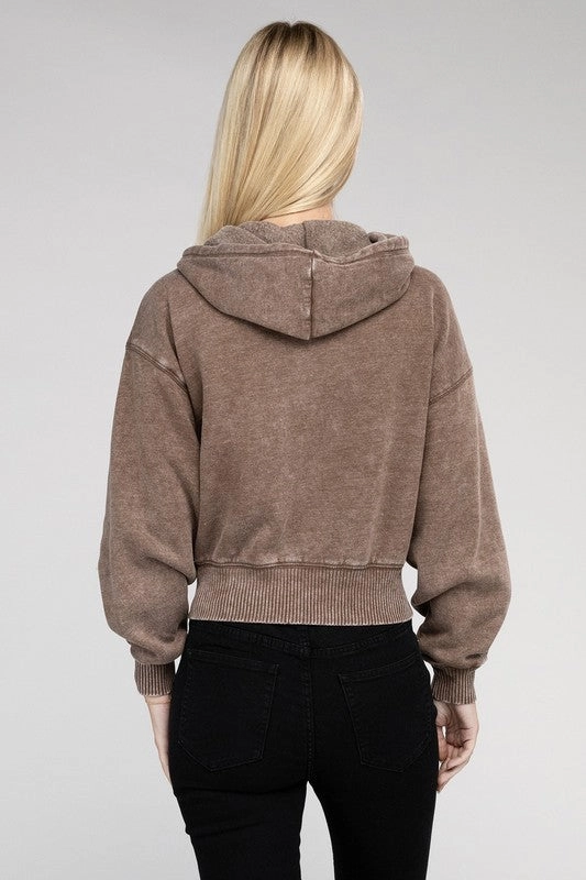 Acid Wash Fleece Cropped Zip-Up Hoodie by Zenana