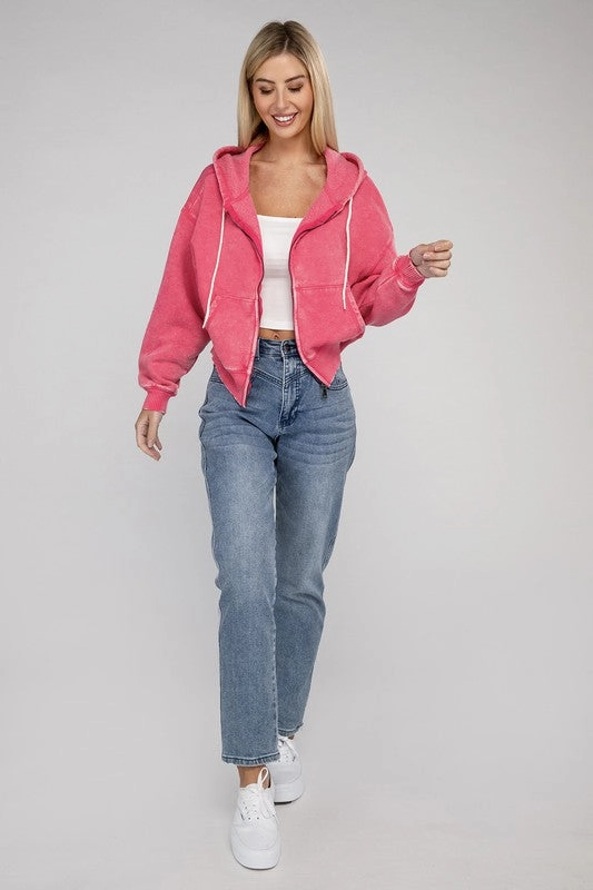 Acid Wash Fleece Cropped Zip-Up Hoodie by Zenana