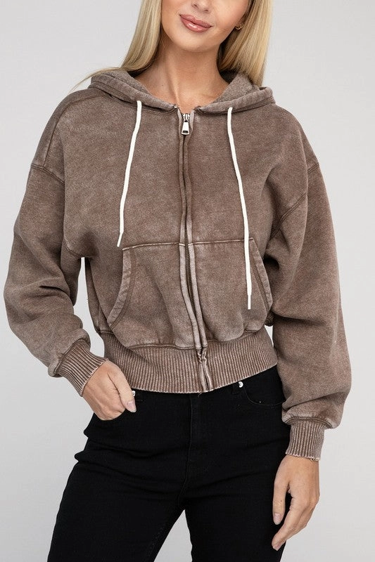 Acid Wash Fleece Cropped Zip-Up Hoodie by Zenana