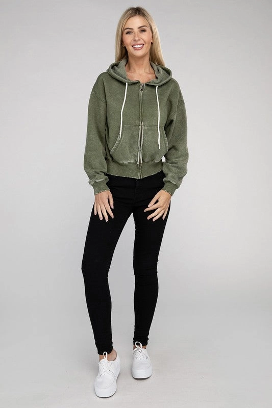 Acid Wash Fleece Cropped Zip-Up Hoodie by Zenana