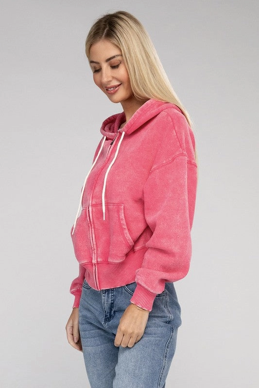 Acid Wash Fleece Cropped Zip-Up Hoodie by Zenana