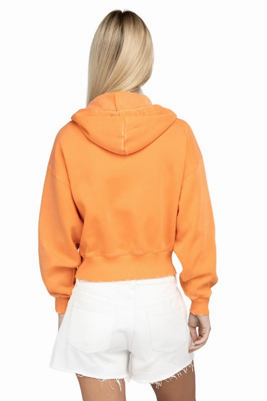 Acid Wash Fleece Cropped Zip-Up Hoodie by Zenana