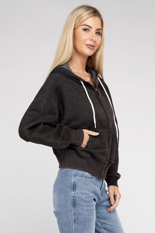 Acid Wash Fleece Cropped Zip-Up Hoodie by Zenana