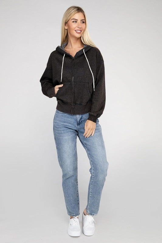 Acid Wash Fleece Cropped Zip-Up Hoodie by Zenana