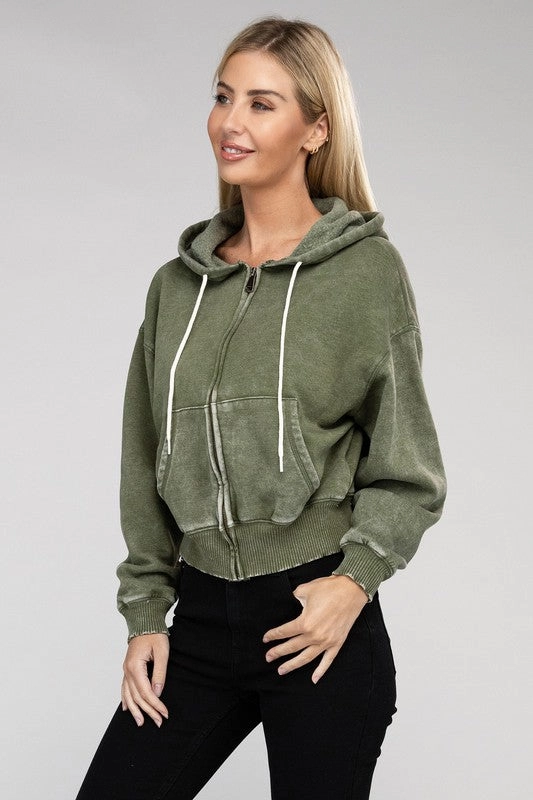 Acid Wash Fleece Cropped Zip-Up Hoodie by Zenana
