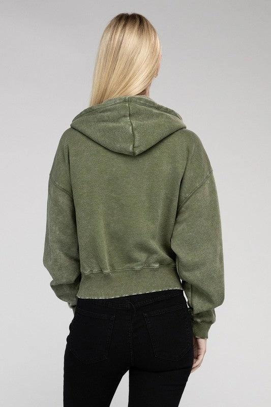 Acid Wash Fleece Cropped Zip-Up Hoodie by Zenana