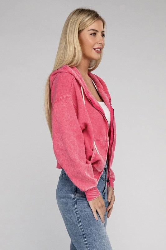 Acid Wash Fleece Cropped Zip-Up Hoodie by Zenana