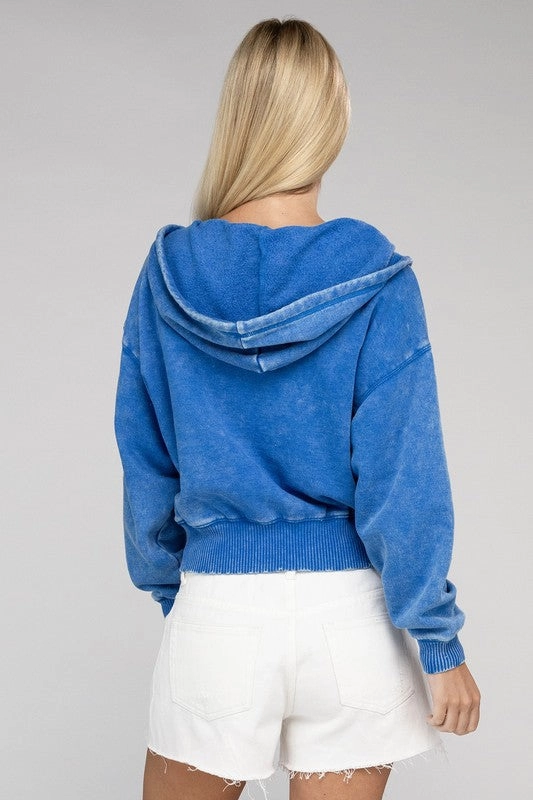 Acid Wash Fleece Cropped Zip-Up Hoodie by Zenana
