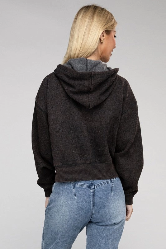 Acid Wash Fleece Cropped Zip-Up Hoodie by Zenana