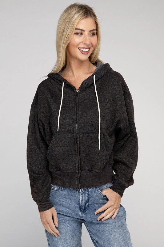 Acid Wash Fleece Cropped Zip-Up Hoodie by Zenana