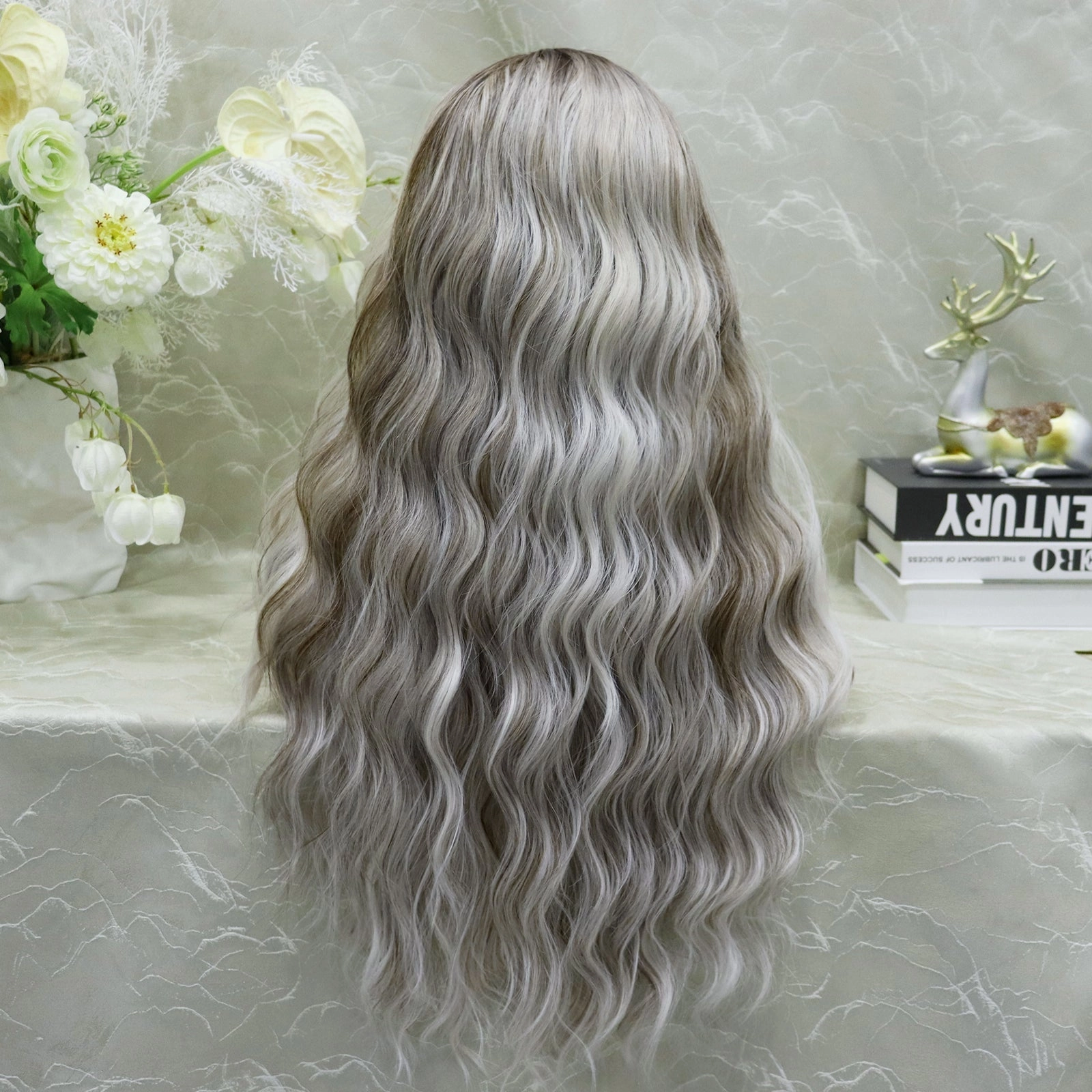 Brenda Collection-Cathy water Wave Grey with Brown rooting 26 inches 13*4 lace Front Synthetic wig