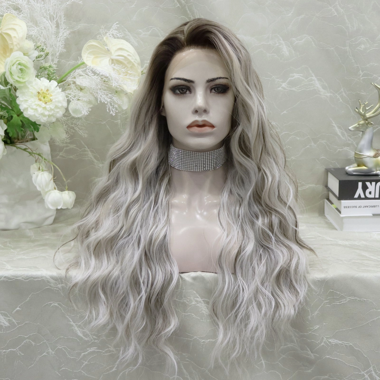 Brenda Collection-Cathy water Wave Grey with Brown rooting 26 inches 13*4 lace Front Synthetic wig