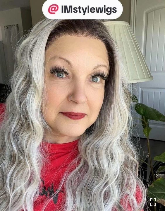 Brenda Collection-Cathy water Wave Grey with Brown rooting 26 inches 13*4 lace Front Synthetic wig