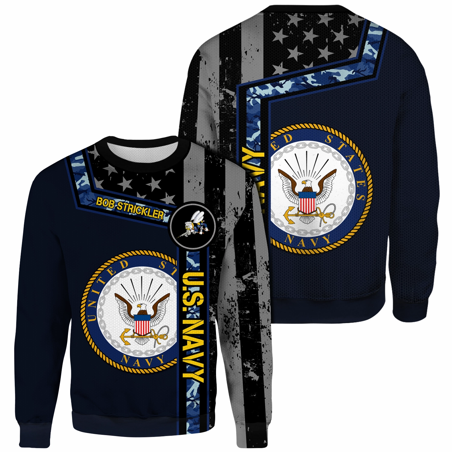 Custom 3D All Over Prints Ugly Sweater, Personalized Name And Military Logo, Black/White USA Flag
