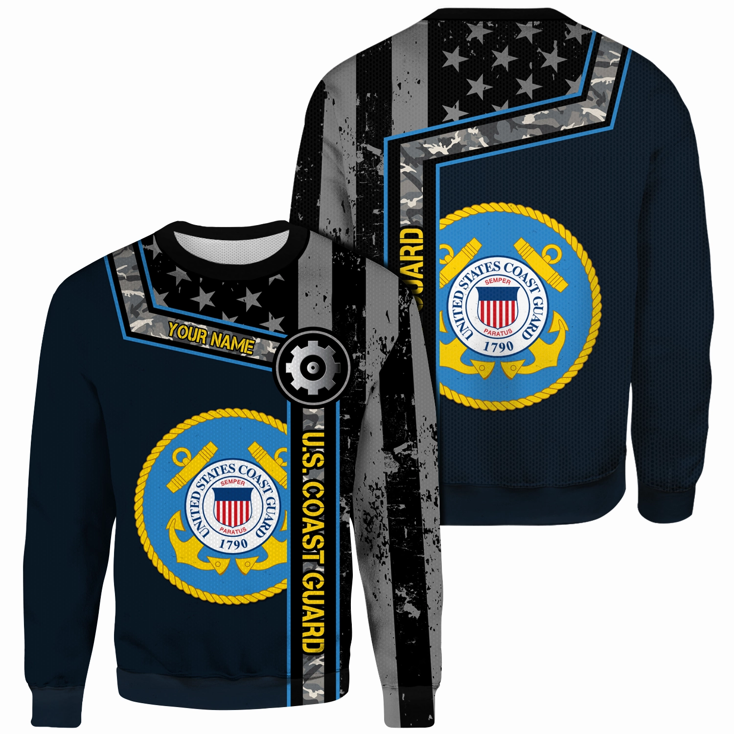 Custom 3D All Over Prints Ugly Sweater, Personalized Name And Military Logo, Black/White USA Flag