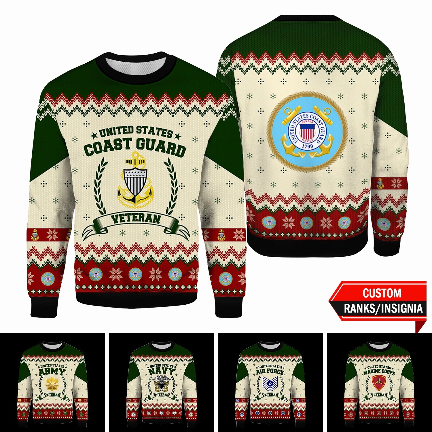 Custom 3D All Over Prints Ugly Sweater, US Veteran Military Ranks/Insignia