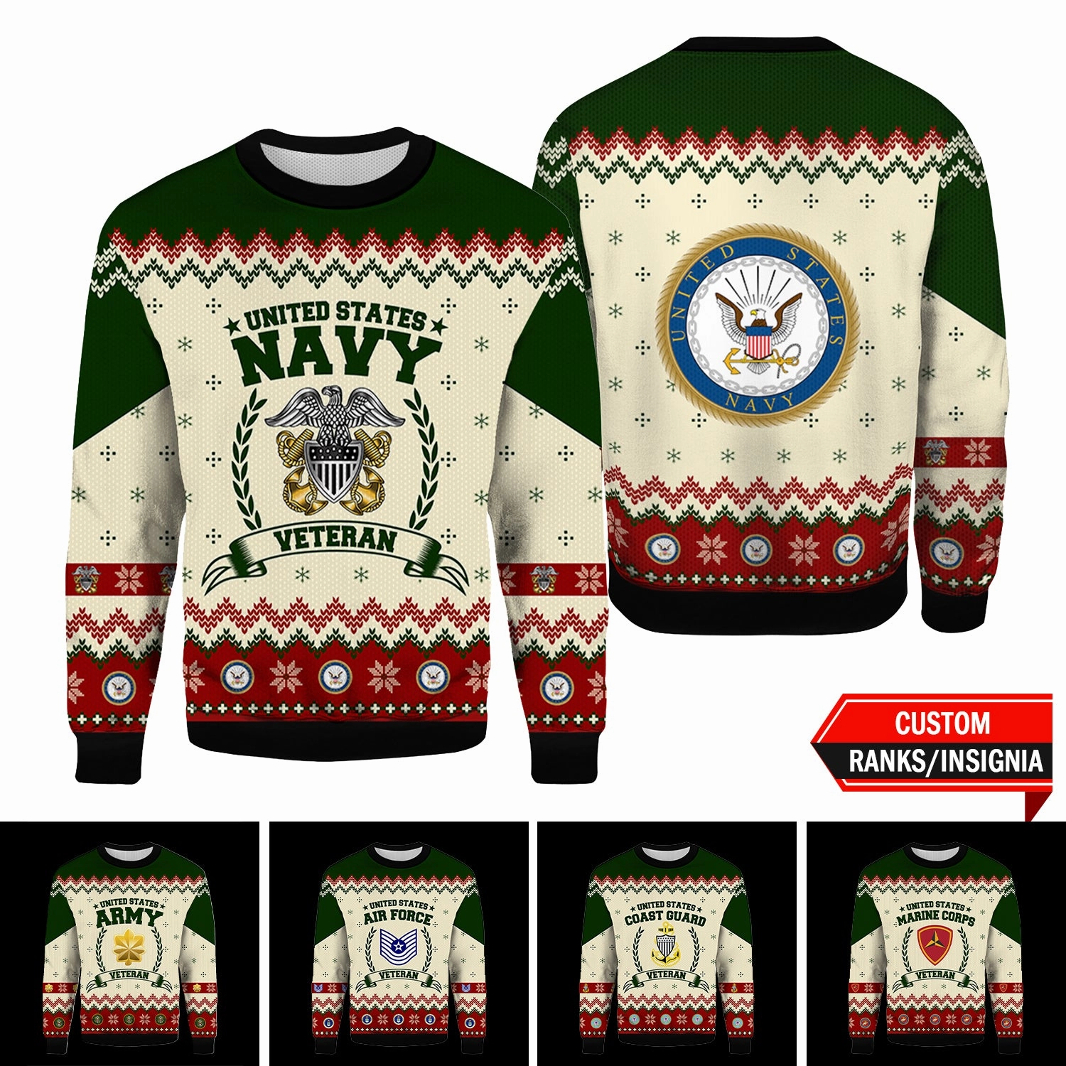 Custom 3D All Over Prints Ugly Sweater, US Veteran Military Ranks/Insignia