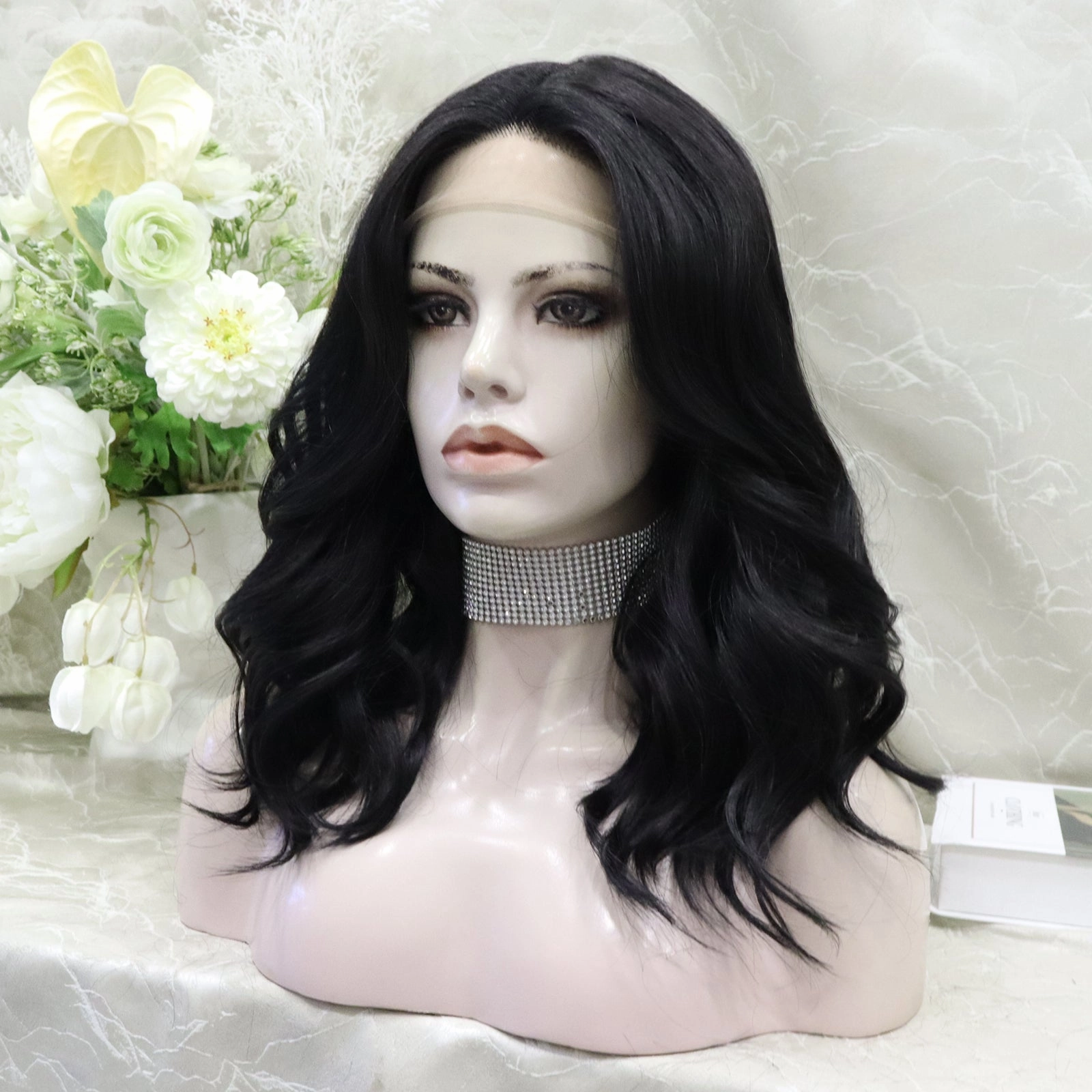 IMsyle Zia Glueless nature black shoulder wavy lace front wig T parting adjustable Band