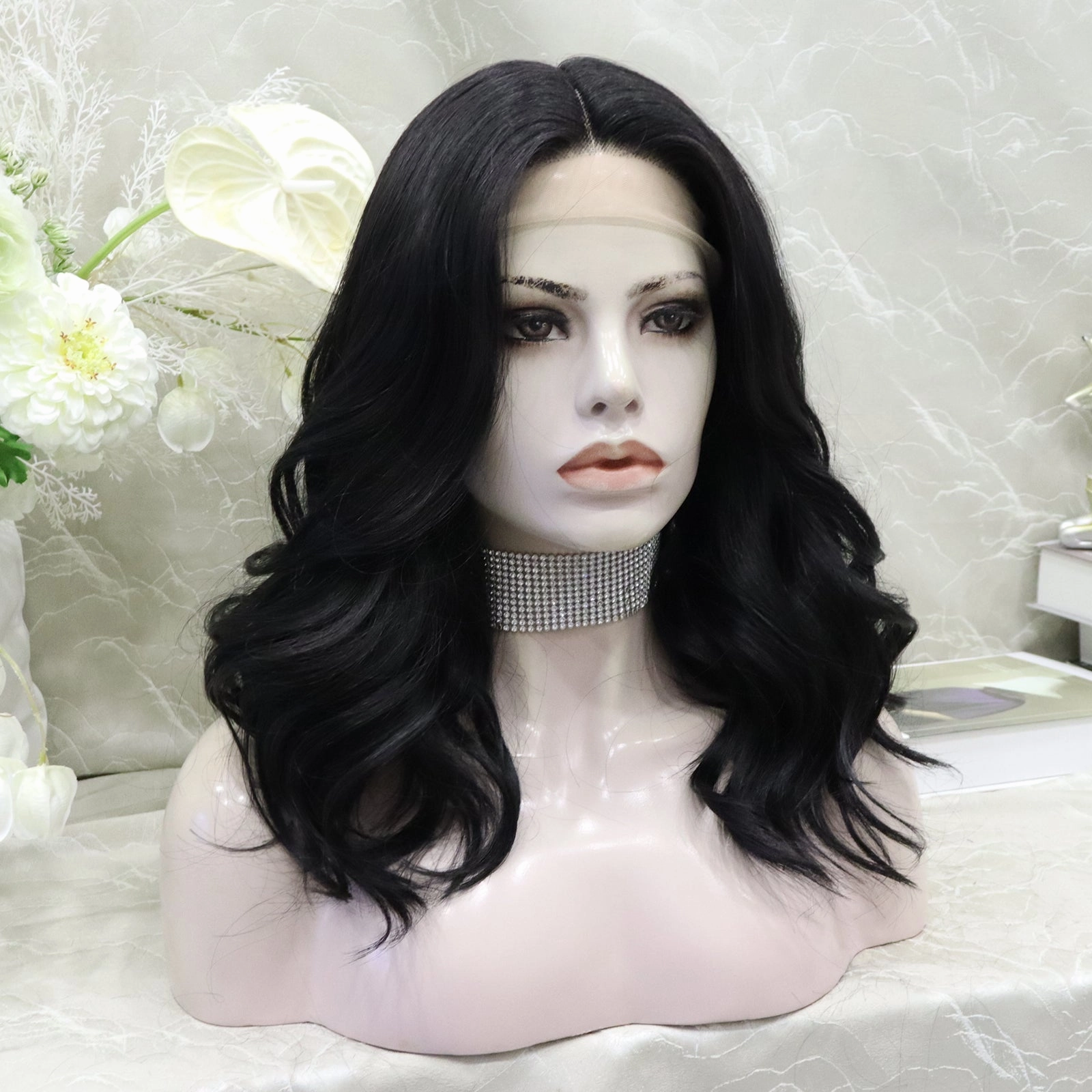 IMsyle Zia Glueless nature black shoulder wavy lace front wig T parting adjustable Band