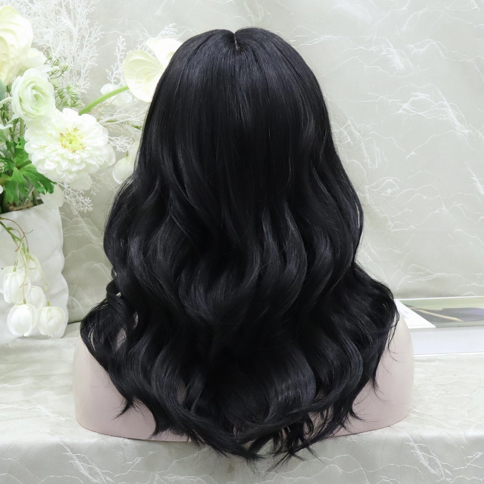 IMsyle Zia Glueless nature black shoulder wavy lace front wig T parting adjustable Band