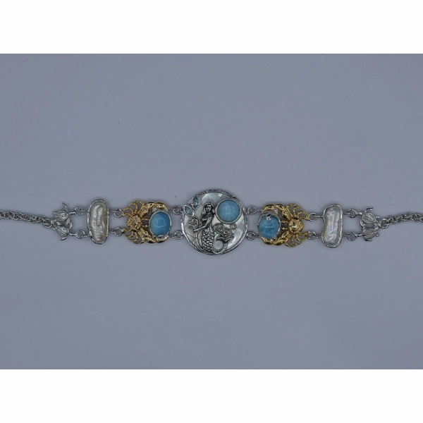 Mermaid, Crabs and Turtles Bracelet with Larimar and Pearls - Only One Piece Created