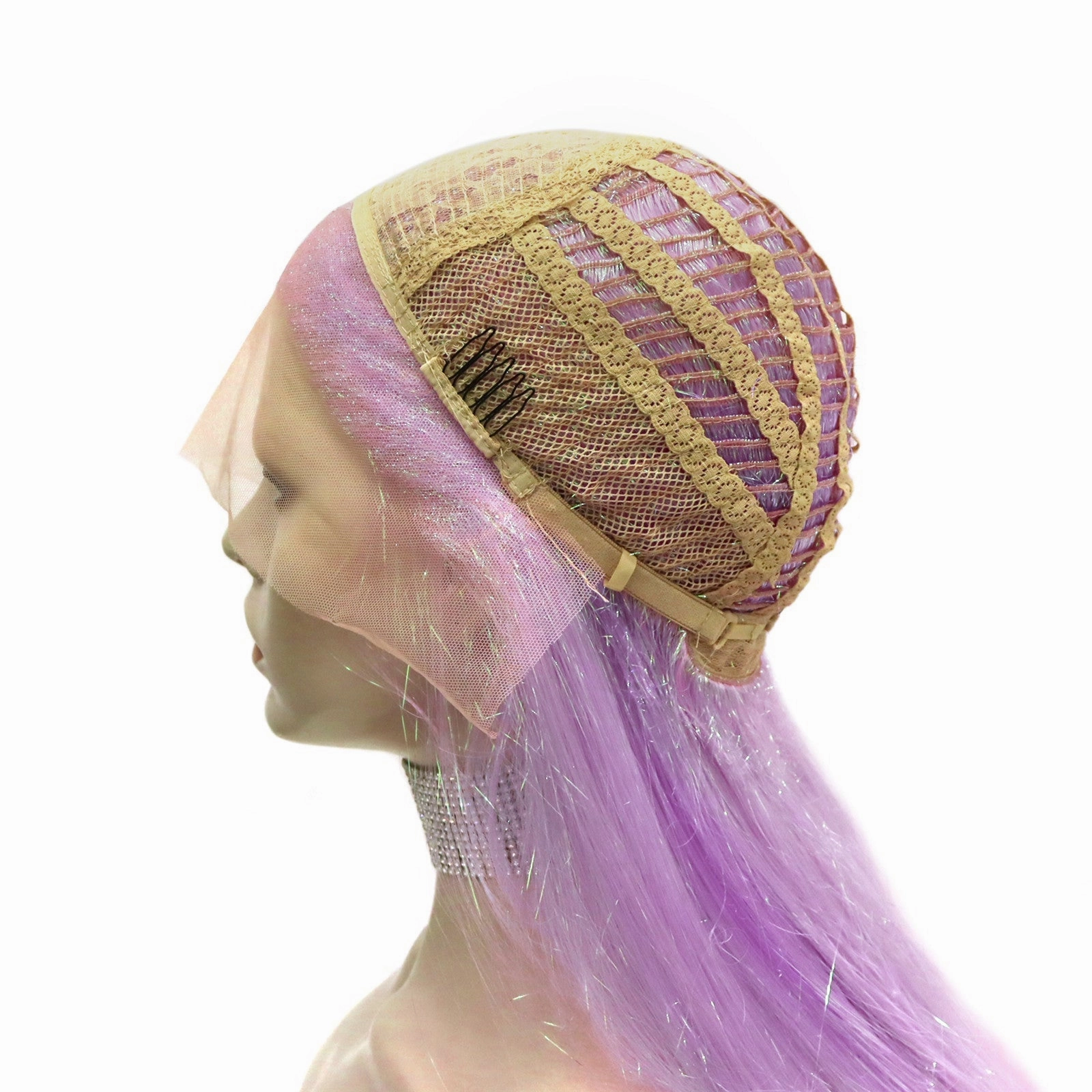 Pink Ombre Tinsel With Synthetic Long Straight Lace Front Costume Party Wig