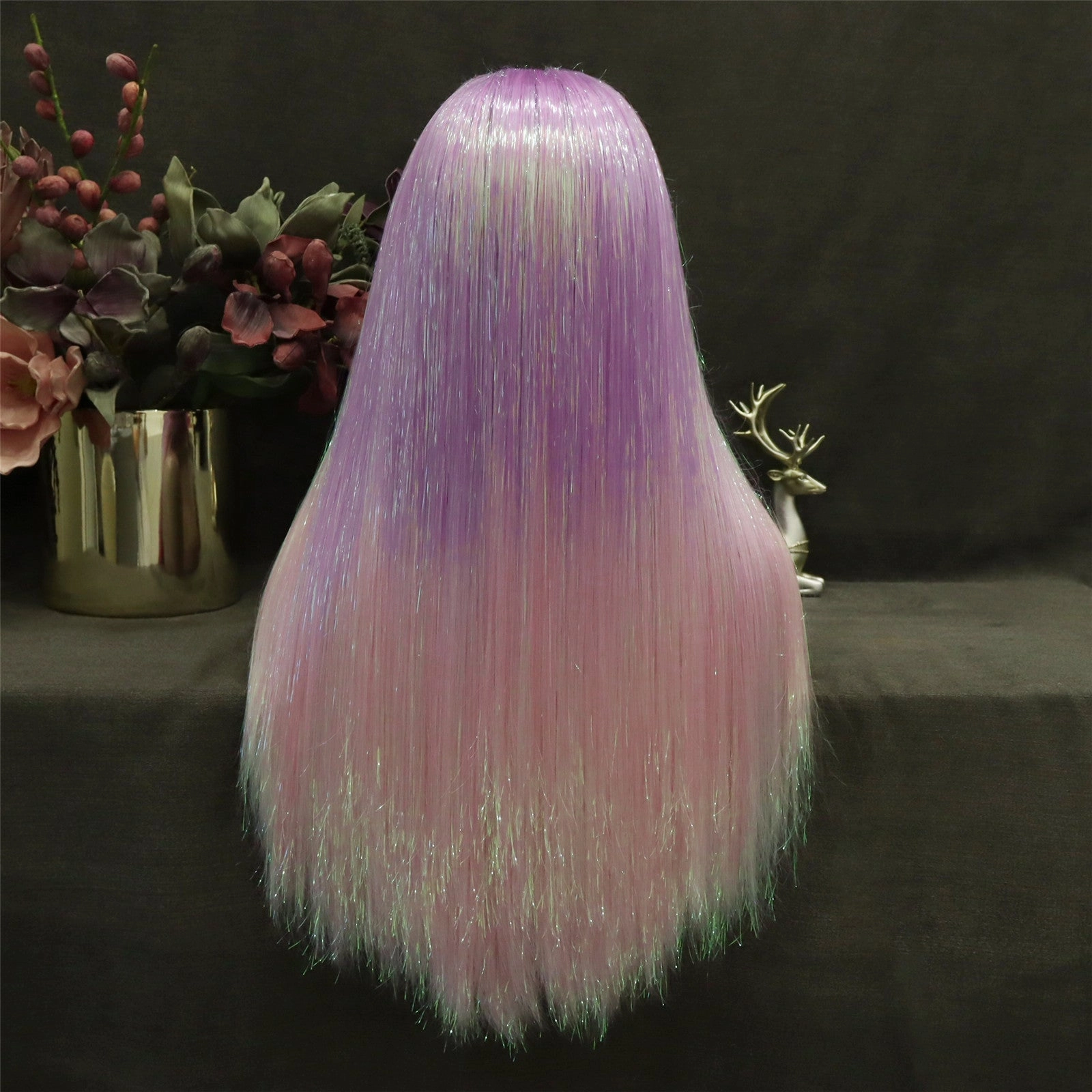 Pink Ombre Tinsel With Synthetic Long Straight Lace Front Costume Party Wig