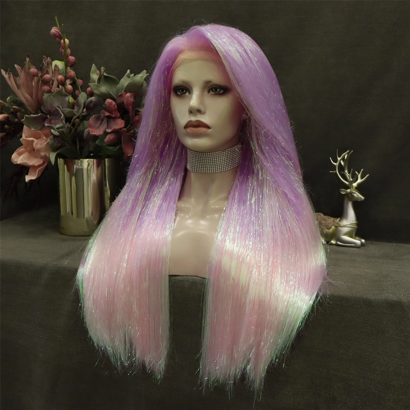 Pink Ombre Tinsel With Synthetic Long Straight Lace Front Costume Party Wig