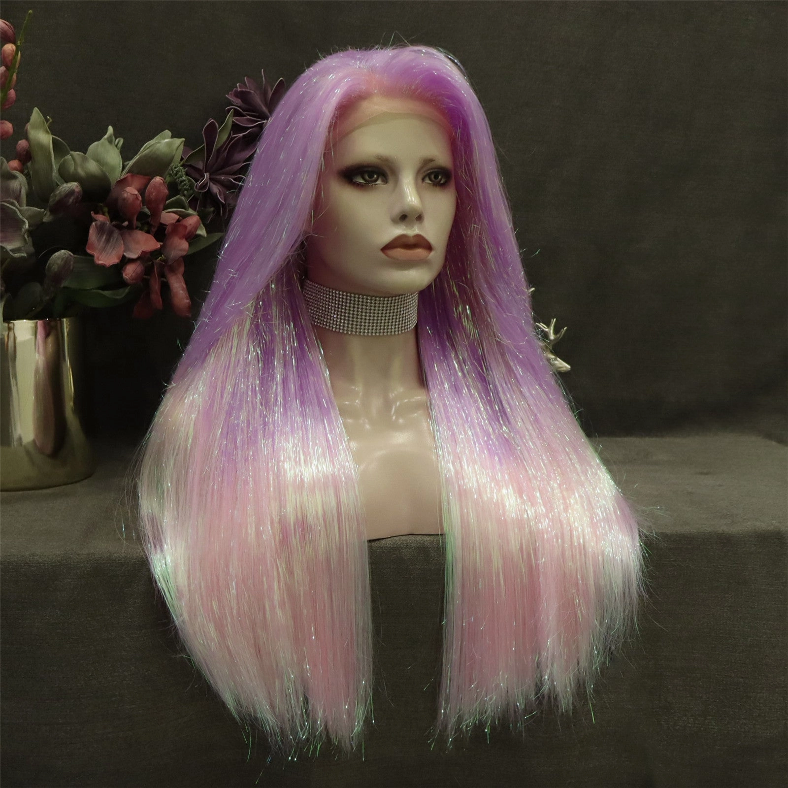 Pink Ombre Tinsel With Synthetic Long Straight Lace Front Costume Party Wig