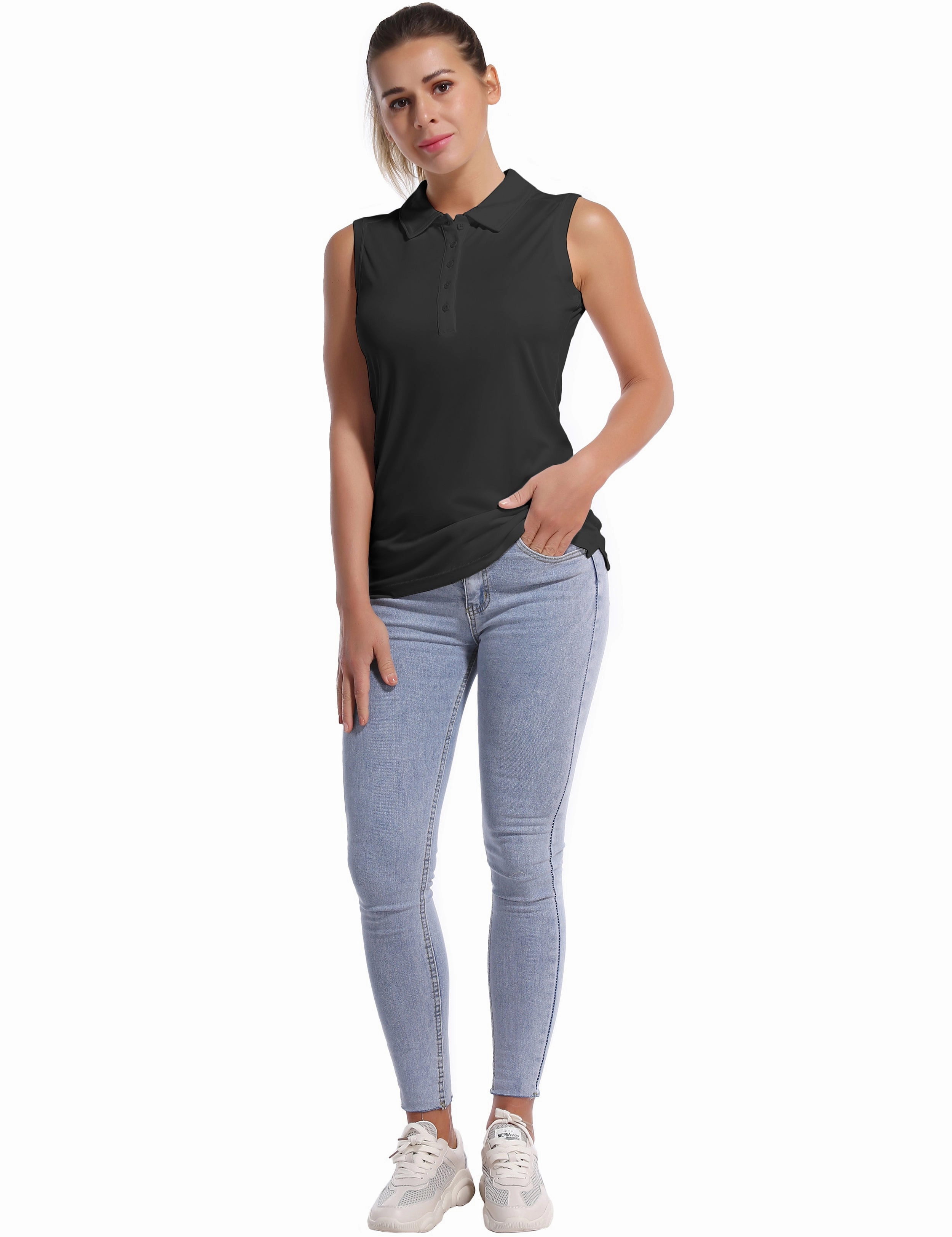Sleeveless Slim Fit Polo Shirt black_yogastudio