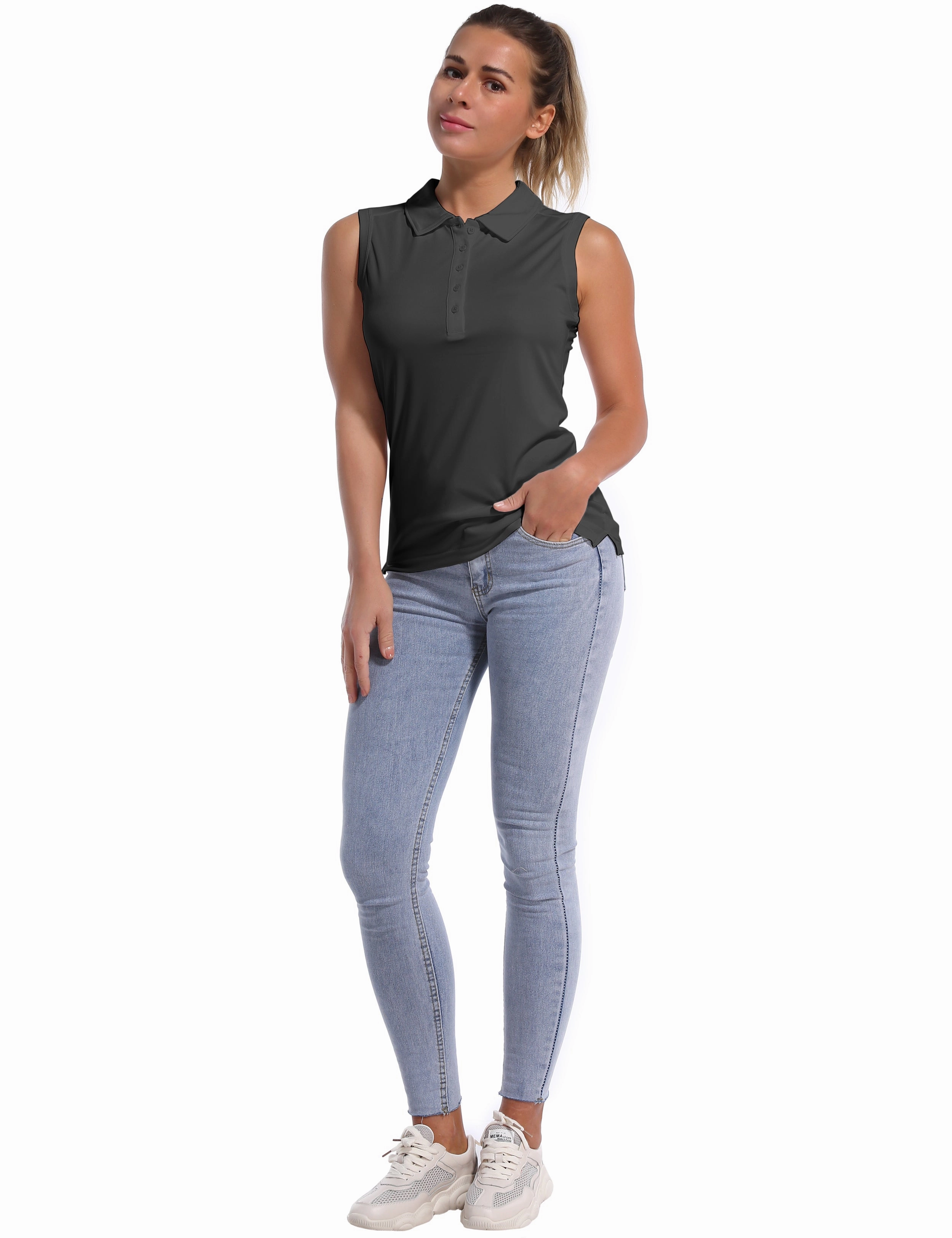 Sleeveless Slim Fit Polo Shirt shadowcharcoal_Plus Size
