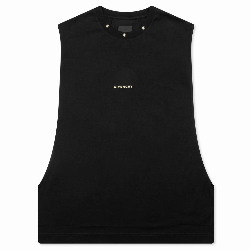 Star Print Sleeveless Big Armhole T-Shirt - Black