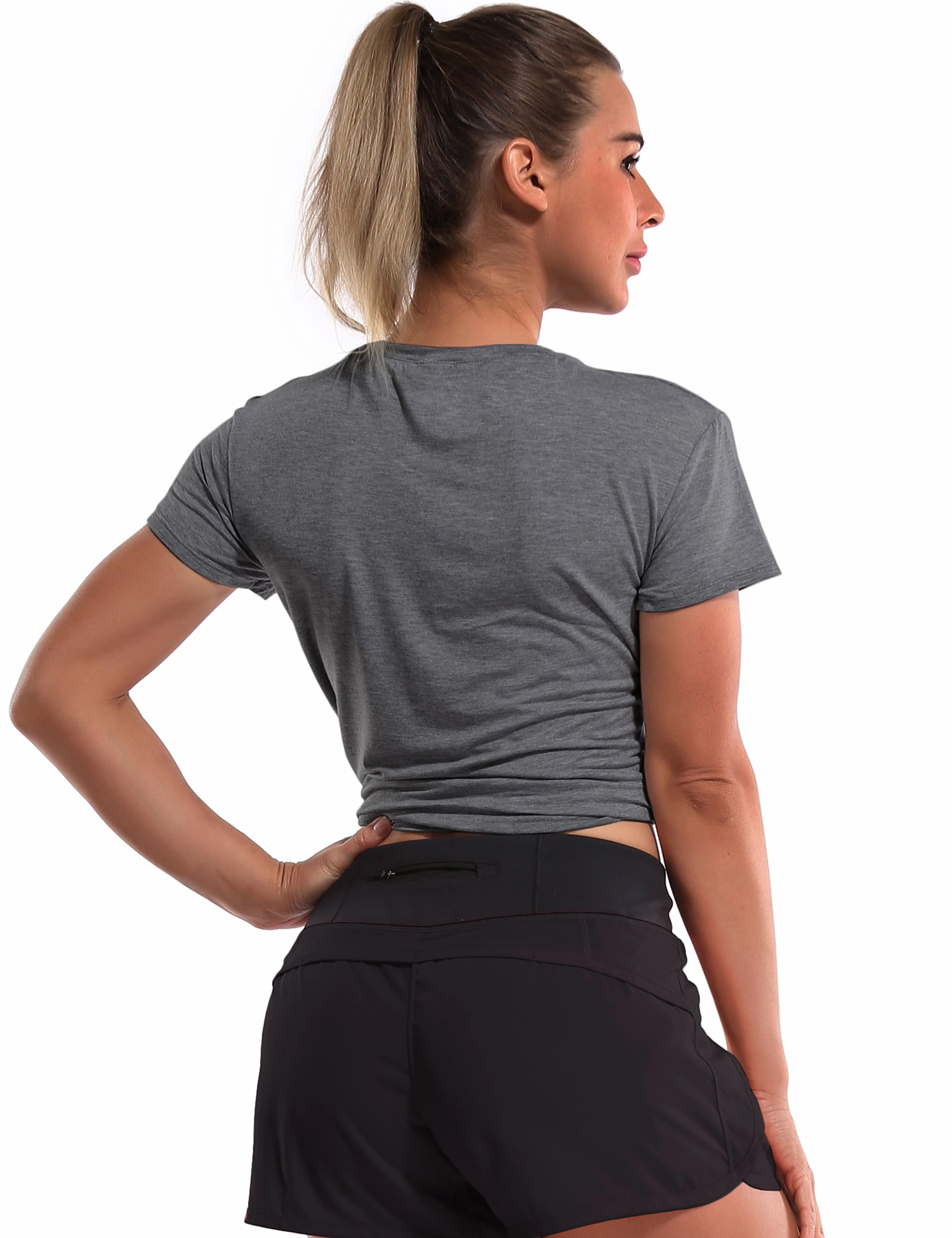 Tie Up Crop Top Short Sleeve T-Shirt heathercharcoal ins_Golf