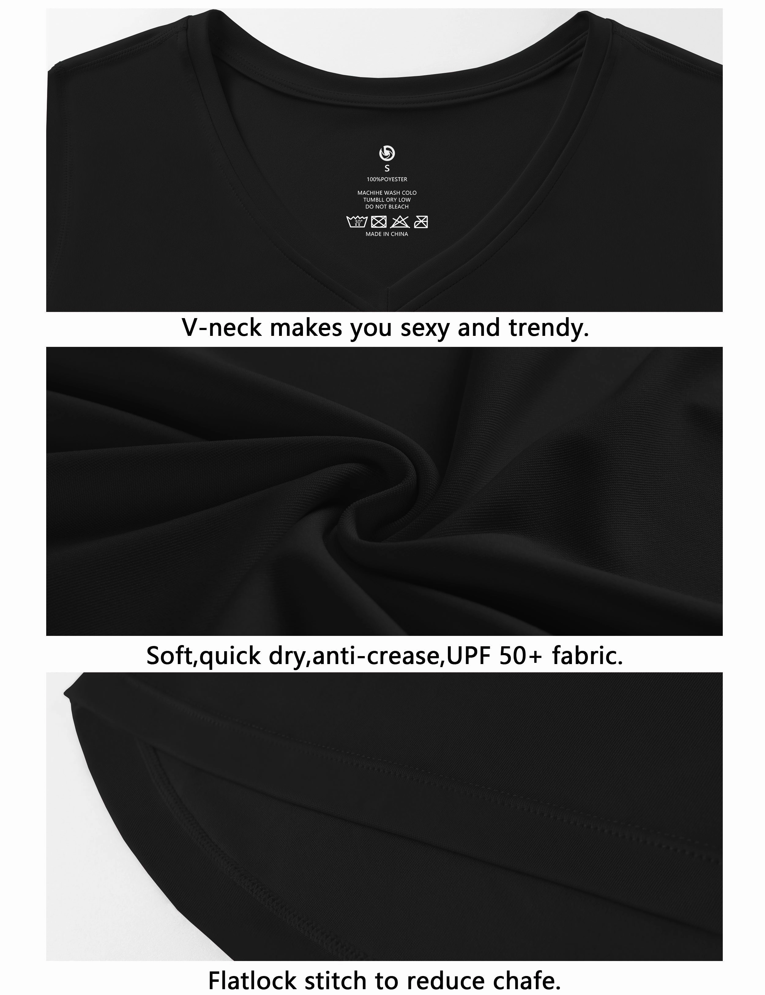 V Neck Long Sleeve Athletic Shirts black_Plus Size
