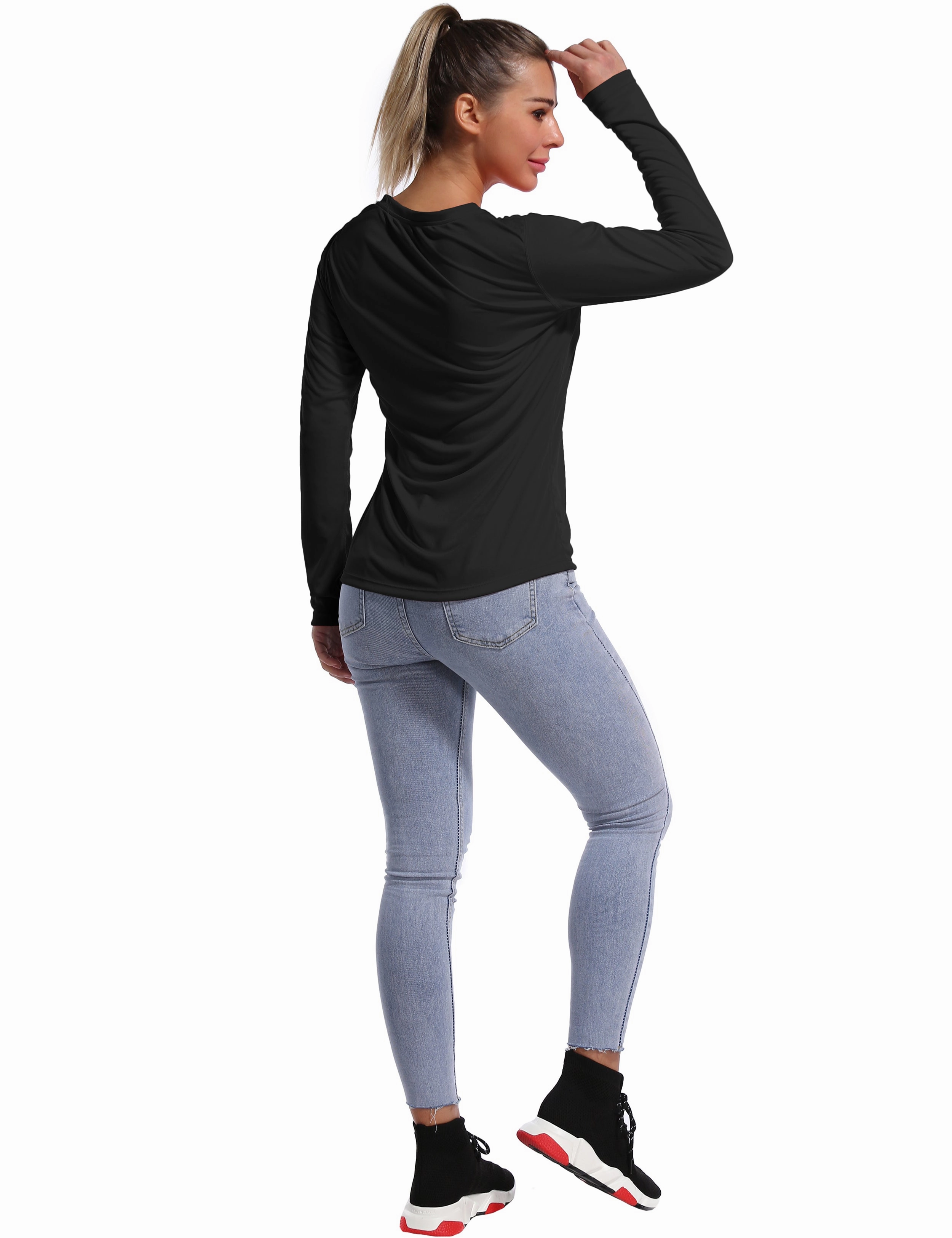 V Neck Long Sleeve Athletic Shirts black_Plus Size
